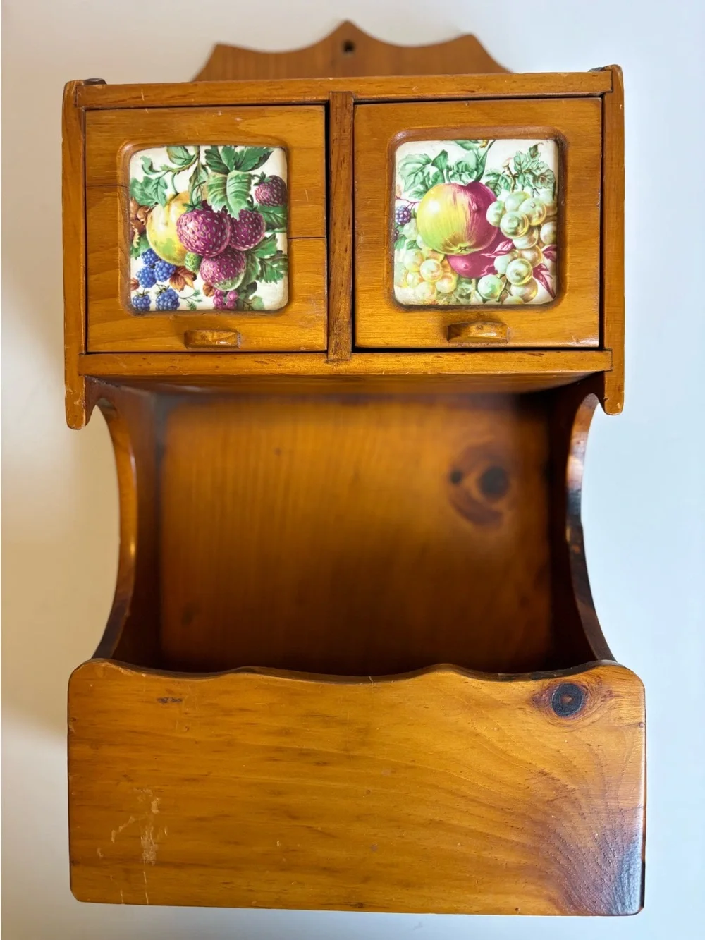 Vintage Wooden Spice Box/Apacathary-Inlay Fruit Tile Drawers-Wall Decor Storage